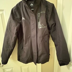 Women’s Black Insulated waterproof Jacket, reflective logo and detachable  hood.